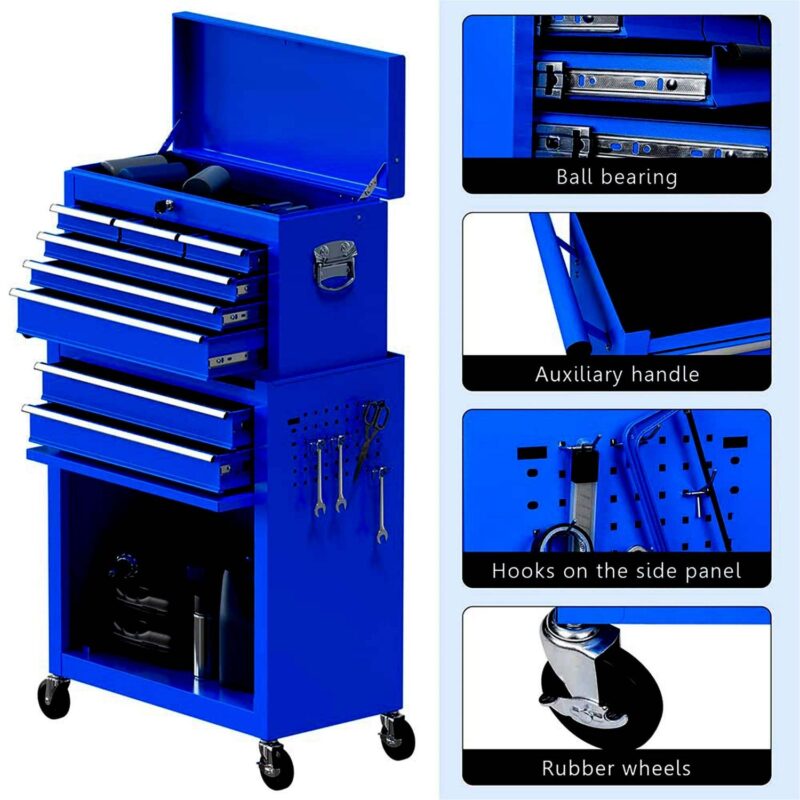 Aukfa Tool Box, 2 in 1 Steel Rolling Tool Chest and Cabinet on Wheels for Garage, 8-Drawers, Blue - Image 11