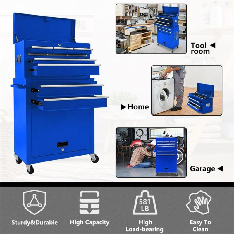 Aukfa Tool Box, 2 in 1 Steel Rolling Tool Chest and Cabinet on Wheels for Garage, 8-Drawers, Blue - Image 17