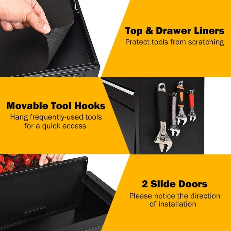 Aukfa Tool Box, 3 in 1 Steel Rolling Tool Chest w/ 6-Drawers and 2 Cabinet for Garage Workshop, Black - Image 7