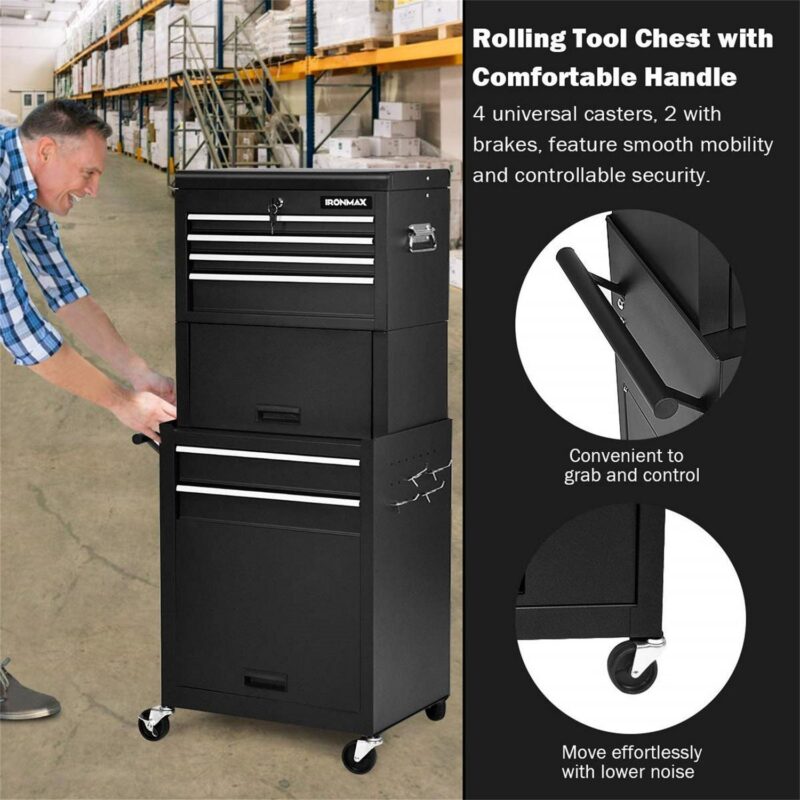 Aukfa Tool Box, 3 in 1 Steel Rolling Tool Chest w/ 6-Drawers and 2 Cabinet for Garage Workshop, Black - Image 2