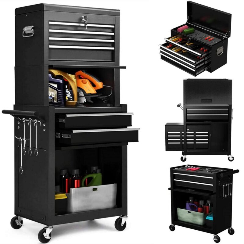 Aukfa Tool Box, 3 in 1 Steel Rolling Tool Chest w/ 6-Drawers and 2 Cabinet for Garage Workshop, Black