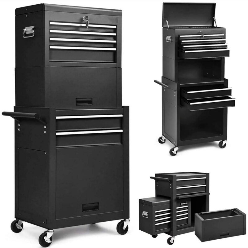 Aukfa Tool Box, 3 in 1 Steel Rolling Tool Chest w/ 6-Drawers and 2 Cabinet for Garage Workshop, Black - Image 6