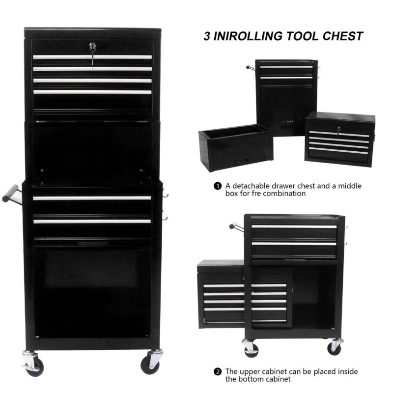 Aukfa Tool Box, 3 in 1 Steel Rolling Tool Chest w/ 6-Drawers and 2 Cabinet for Garage Workshop, Black - Image 9