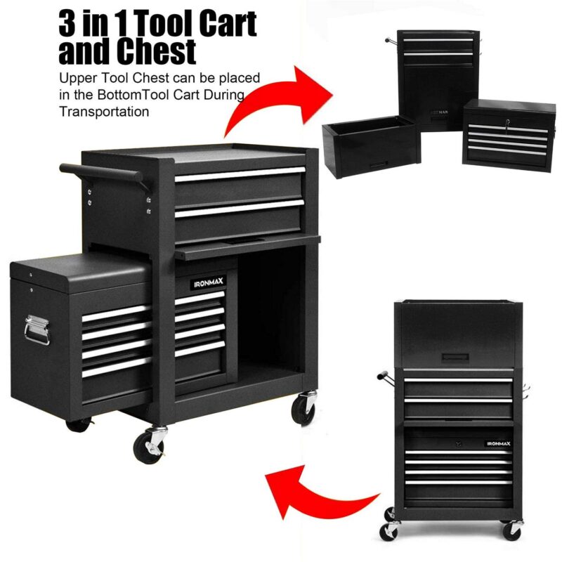 Aukfa Tool Box, 3 in 1 Steel Rolling Tool Chest w/ 6-Drawers and 2 Cabinet for Garage Workshop, Black - Image 3