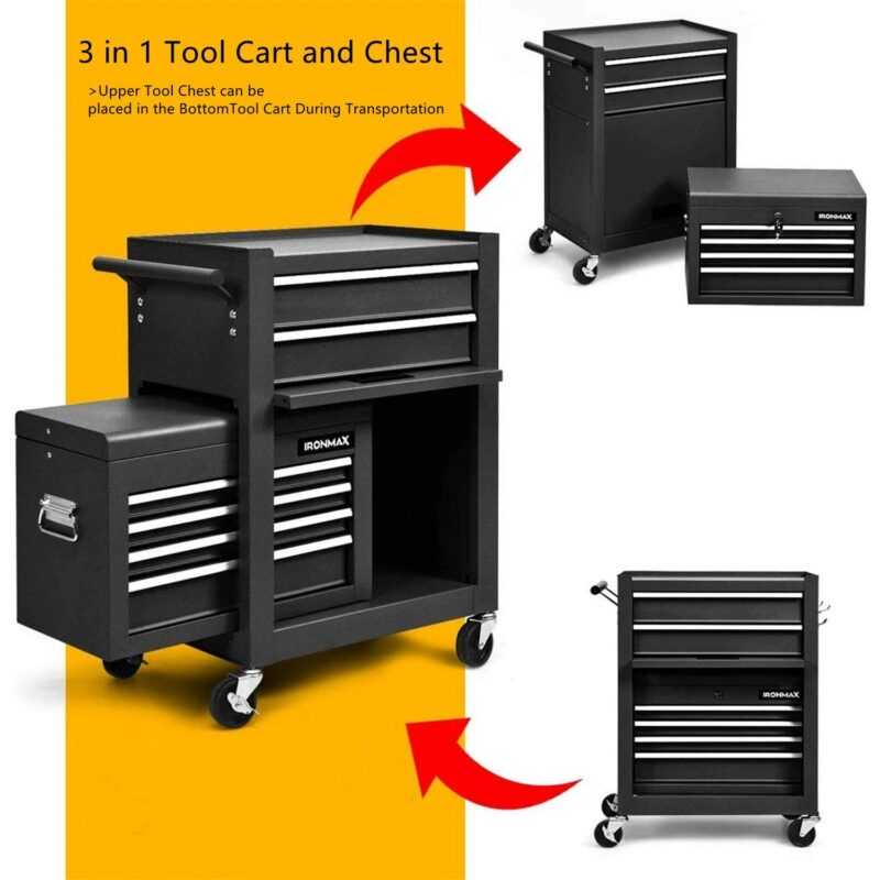 Aukfa Tool Box, 3 in 1 Steel Rolling Tool Chest w/ 6-Drawers and 2 Cabinet for Garage Workshop, Black - Image 11