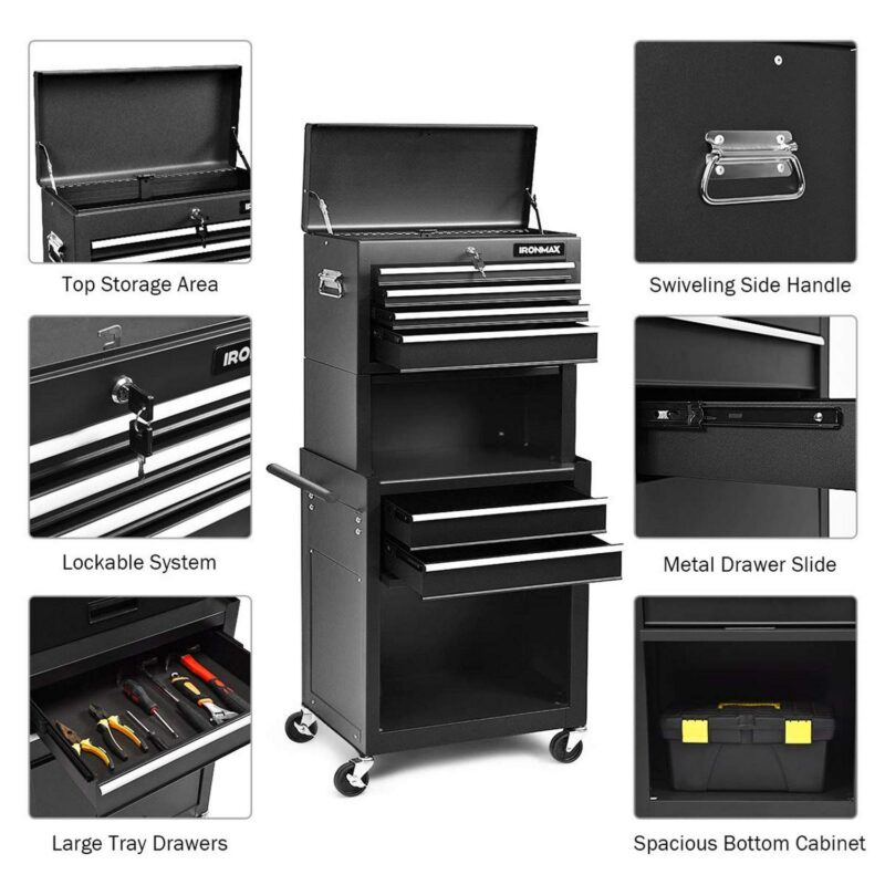 Aukfa Tool Box, 3 in 1 Steel Rolling Tool Chest w/ 6-Drawers and 2 Cabinet for Garage Workshop, Black - Image 10