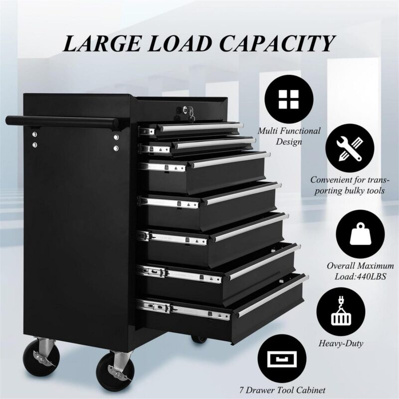 Aukfa Tool Chest, 24.5 in 7-Drawer Steel Rolling Tool Box on Wheels for Workshop Garage, Black - Image 4