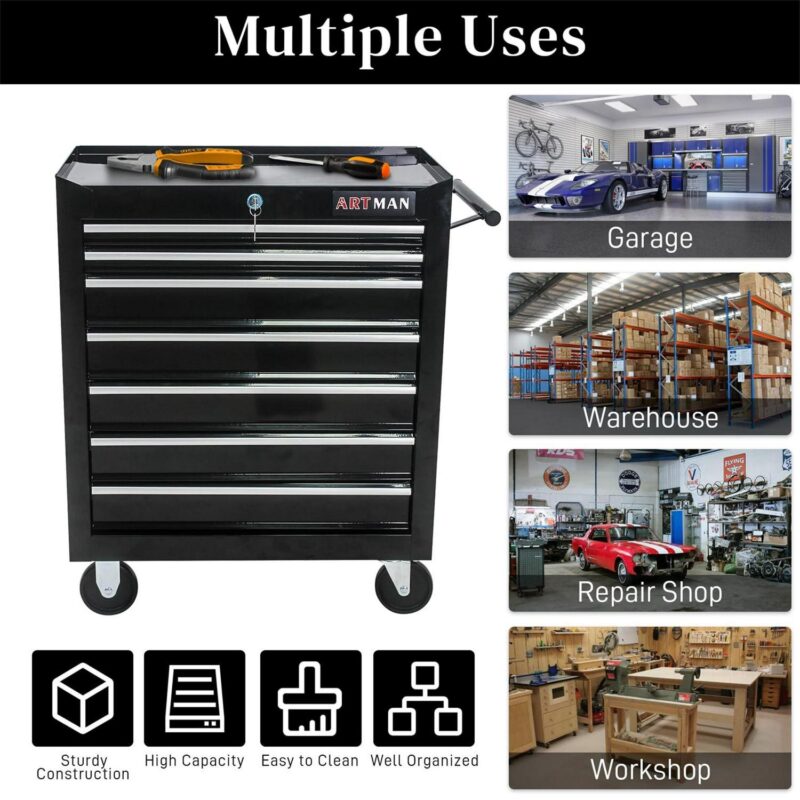 Aukfa Tool Chest, 24.5 in 7-Drawer Steel Rolling Tool Box on Wheels for Workshop Garage, Black - Image 3
