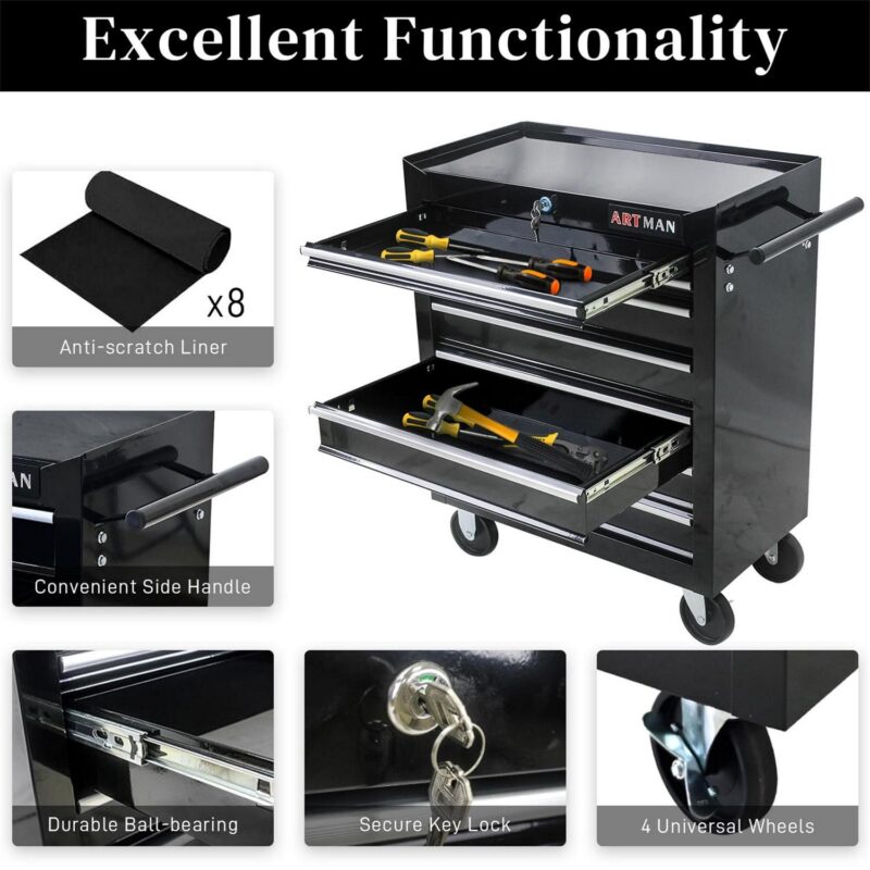 Aukfa Tool Chest, 24.5 in 7-Drawer Steel Rolling Tool Box on Wheels for Workshop Garage, Black - Image 8