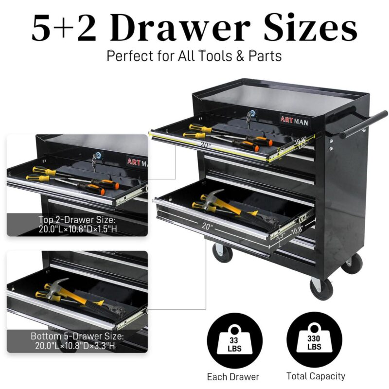 Aukfa Tool Chest, 24.5 in 7-Drawer Steel Rolling Tool Box on Wheels for Workshop Garage, Black - Image 9