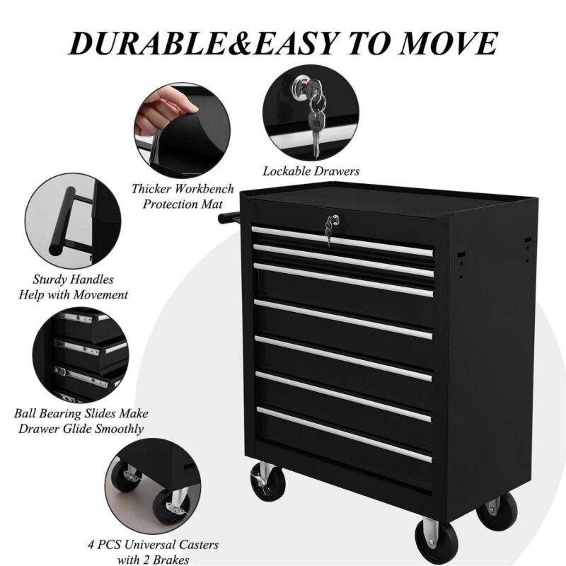 Aukfa Tool Chest, 24.5 in 7-Drawer Steel Rolling Tool Box on Wheels for Workshop Garage, Black - Image 16