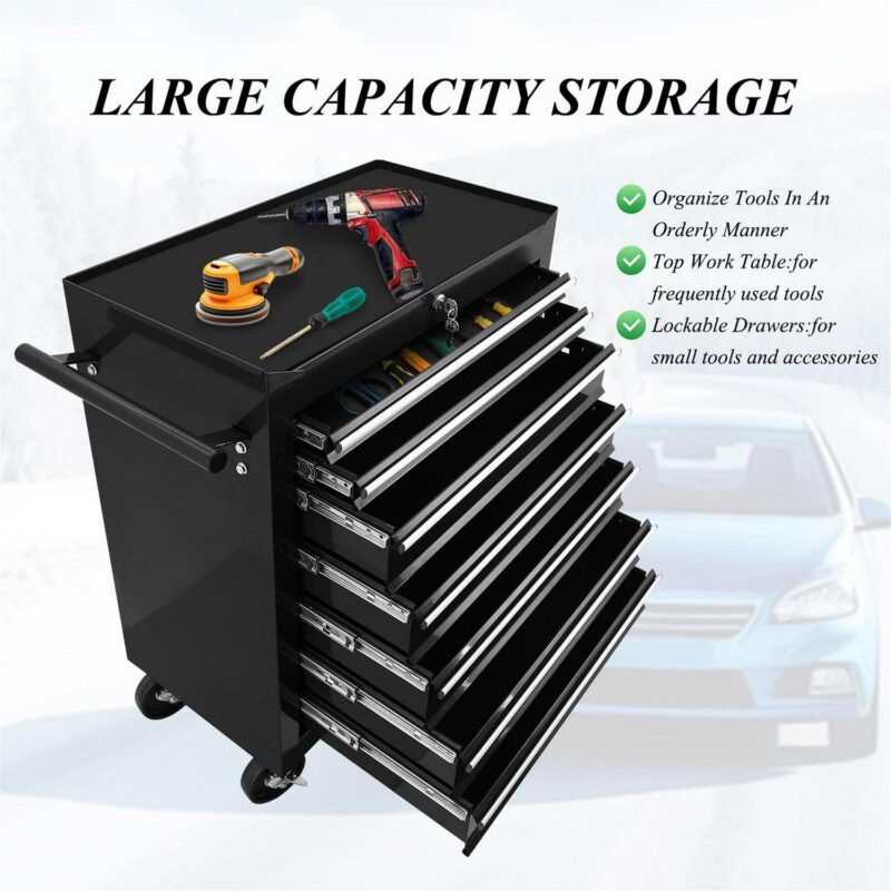 Aukfa Tool Chest, 24.5 in 7-Drawer Steel Rolling Tool Box on Wheels for Workshop Garage, Black - Image 5