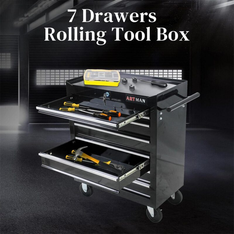 Aukfa Tool Chest, 24.5 in 7-Drawer Steel Rolling Tool Box on Wheels for Workshop Garage, Black - Image 10
