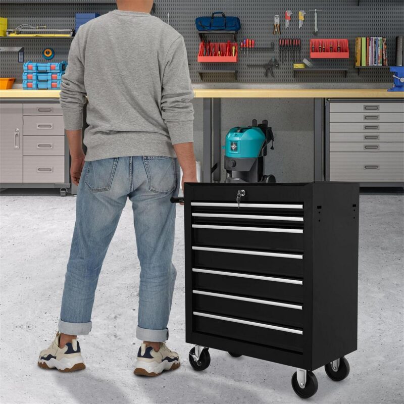 Aukfa Tool Chest, 24.5 in 7-Drawer Steel Rolling Tool Box on Wheels for Workshop Garage, Black - Image 6
