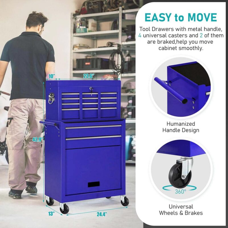 Aukfa Tool Chest, 2 in 1 Steel Rolling Tool Box and Cabinet On Wheels for Garage, 8-Drawer, Blue - Image 2