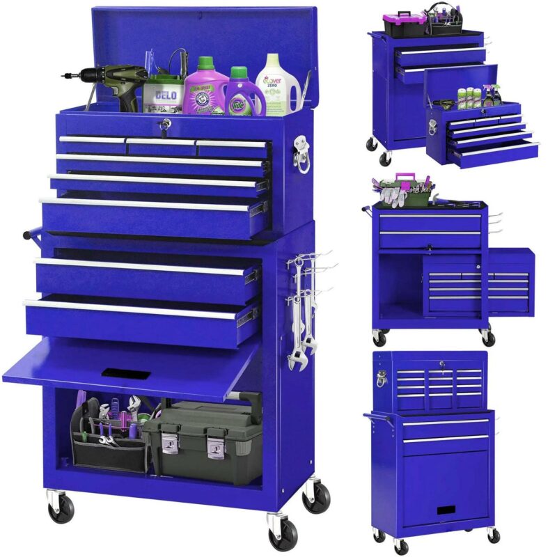 Aukfa Tool Chest, 2 in 1 Steel Rolling Tool Box and Cabinet On Wheels for Garage, 8-Drawer, Blue
