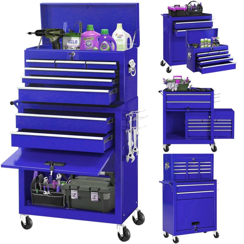 Aukfa Tool Chest, 2 in 1 Steel Rolling Tool Box and Cabinet On Wheels for Garage, 8-Drawer, Blue - Image 9