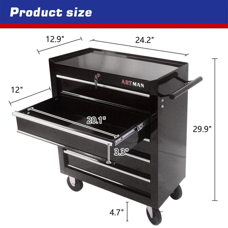 Aukfa Tool Chest, 5-Drawer Steel Rolling Tool Box on Wheels for Workshop Garage, Black - Image 5