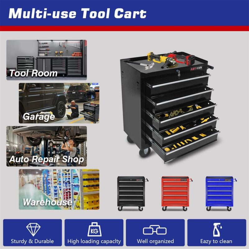 Aukfa Tool Chest, 5-Drawer Steel Rolling Tool Box on Wheels for Workshop Garage, Black - Image 2