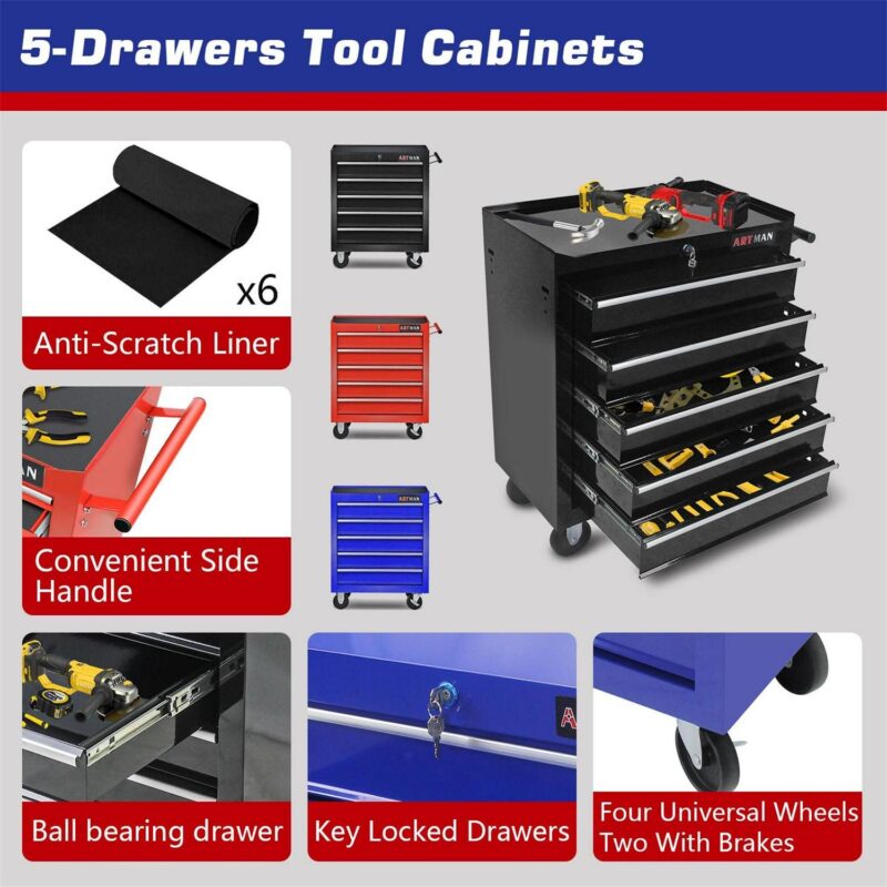 Aukfa Tool Chest, 5-Drawer Steel Rolling Tool Box on Wheels for Workshop Garage, Black - Image 3