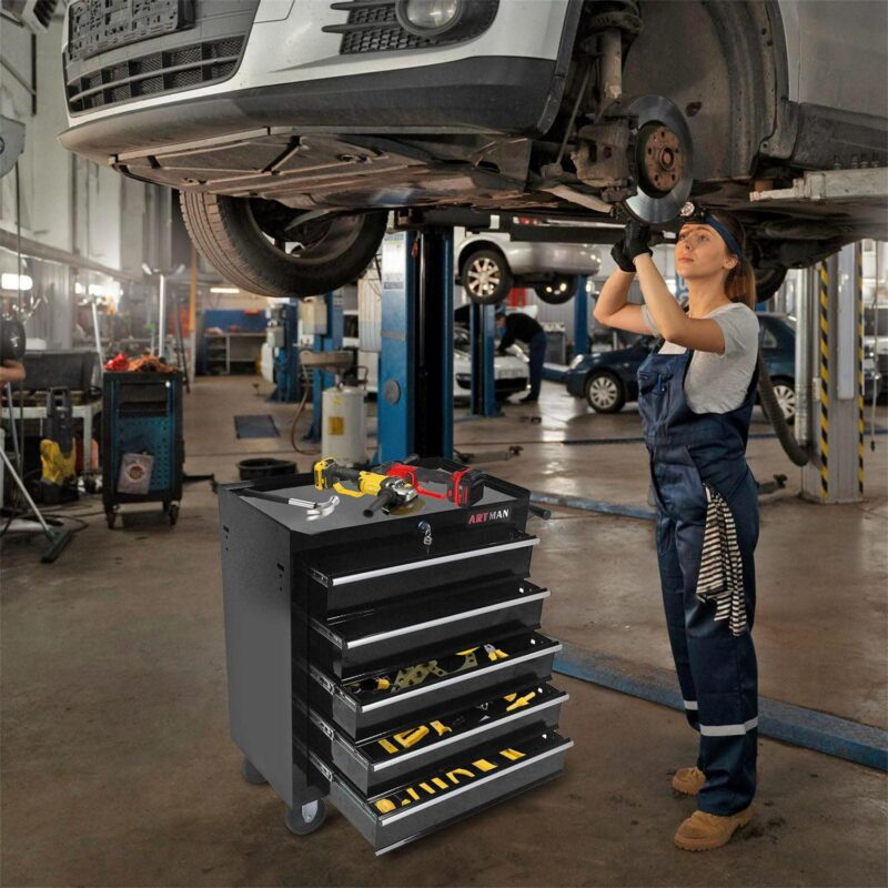 Aukfa Tool Chest, 5-Drawer Steel Rolling Tool Box on Wheels for Workshop Garage, Black - Image 4