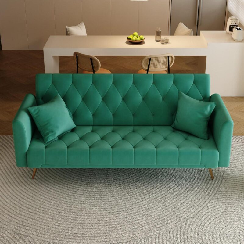 Aukfa Velvet Futon Convertible Sofa Bed, Upholstered Arm Couch for Home Office, 2 Pillows, Green - Image 12