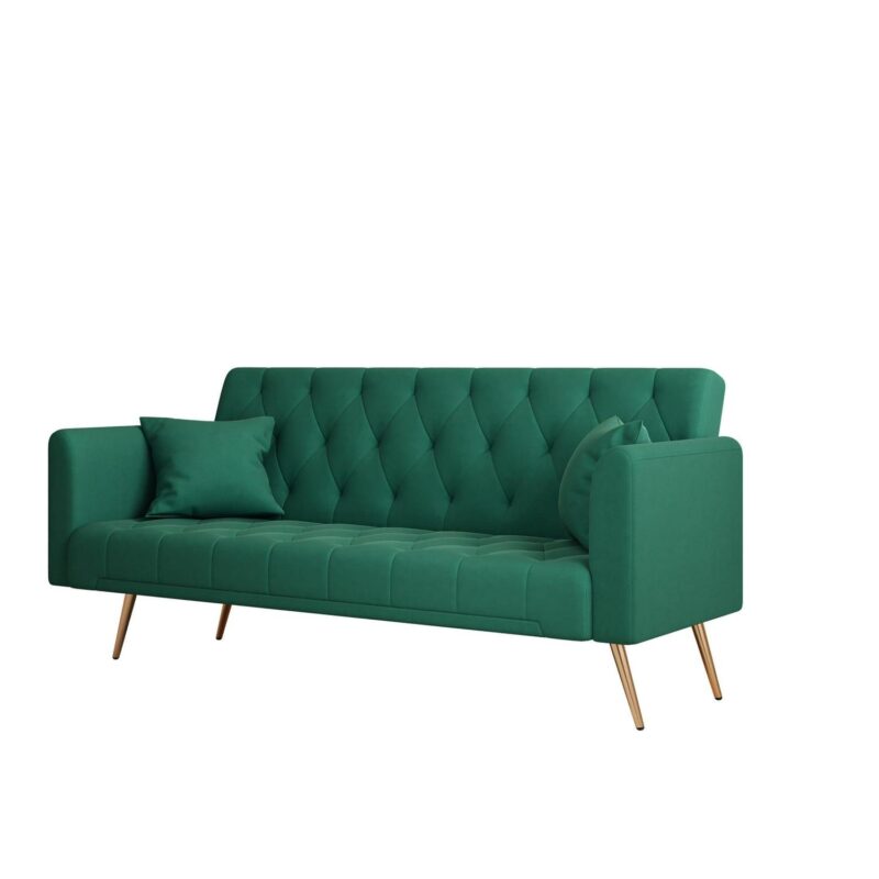 Aukfa Velvet Futon Convertible Sofa Bed, Upholstered Arm Couch for Home Office, 2 Pillows, Green - Image 11
