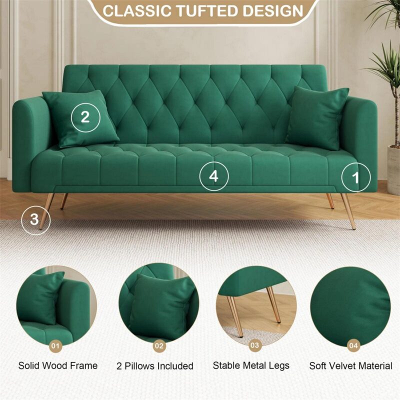 Aukfa Velvet Futon Convertible Sofa Bed, Upholstered Arm Couch for Home Office, 2 Pillows, Green - Image 3