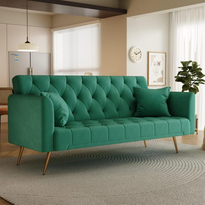 Aukfa Velvet Futon Convertible Sofa Bed, Upholstered Arm Couch for Home Office, 2 Pillows, Green - Image 10