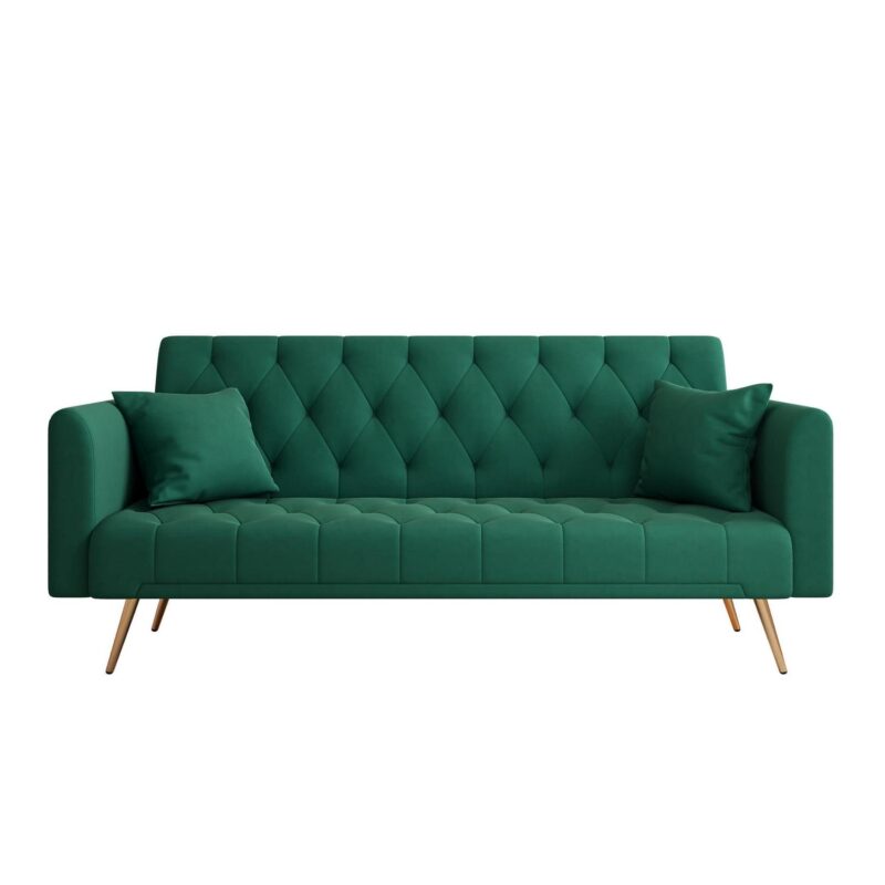 Aukfa Velvet Futon Convertible Sofa Bed, Upholstered Arm Couch for Home Office, 2 Pillows, Green - Image 9