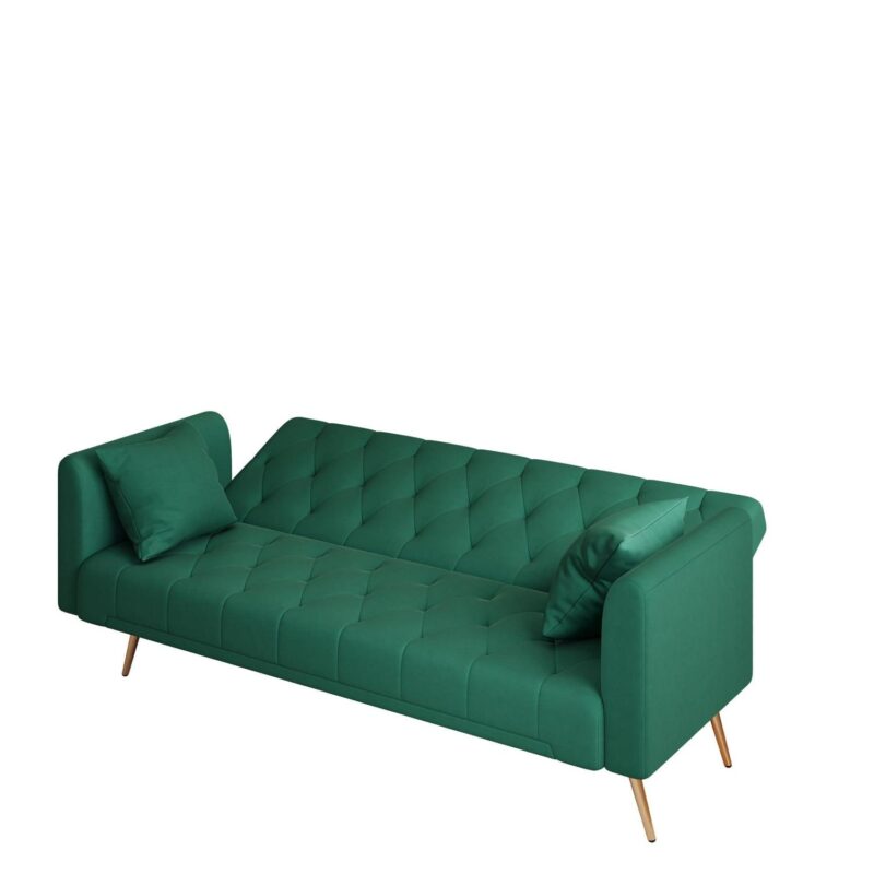 Aukfa Velvet Futon Convertible Sofa Bed, Upholstered Arm Couch for Home Office, 2 Pillows, Green - Image 15