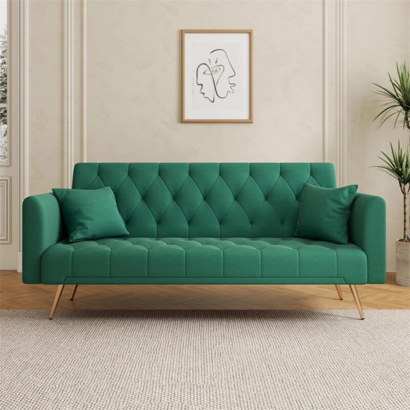 Aukfa Velvet Futon Convertible Sofa Bed, Upholstered Arm Couch for Home Office, 2 Pillows, Green - Image 7