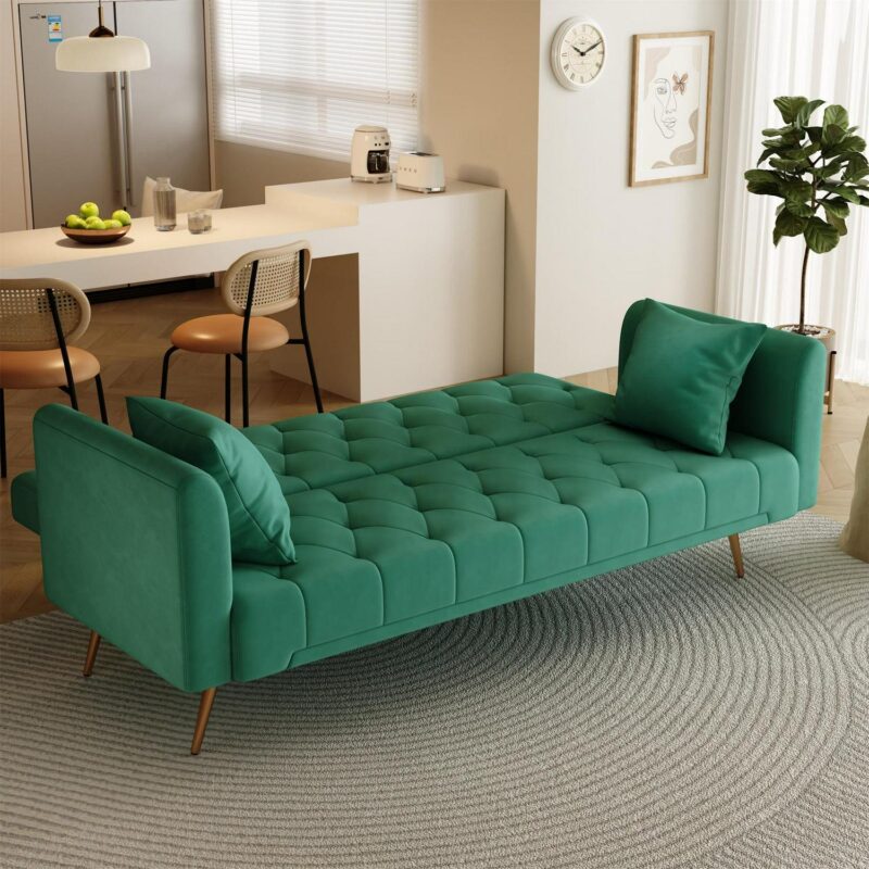 Aukfa Velvet Futon Convertible Sofa Bed, Upholstered Arm Couch for Home Office, 2 Pillows, Green - Image 8