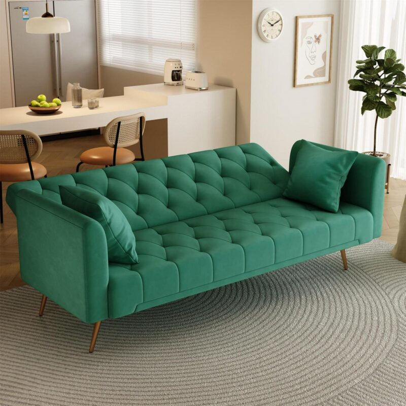 Aukfa Velvet Futon Convertible Sofa Bed, Upholstered Arm Couch for Home Office, 2 Pillows, Green - Image 13