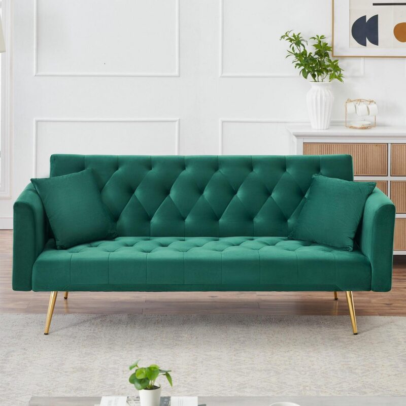 Aukfa Velvet Futon Convertible Sofa Bed, Upholstered Arm Couch for Home Office, 2 Pillows, Green - Image 4