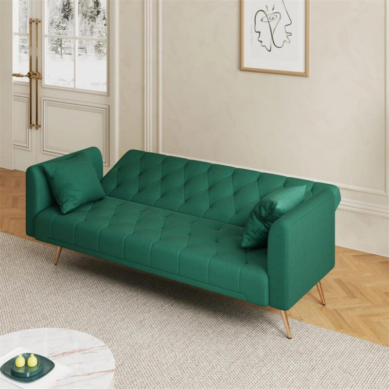 Aukfa Velvet Futon Convertible Sofa Bed, Upholstered Arm Couch for Home Office, 2 Pillows, Green - Image 6