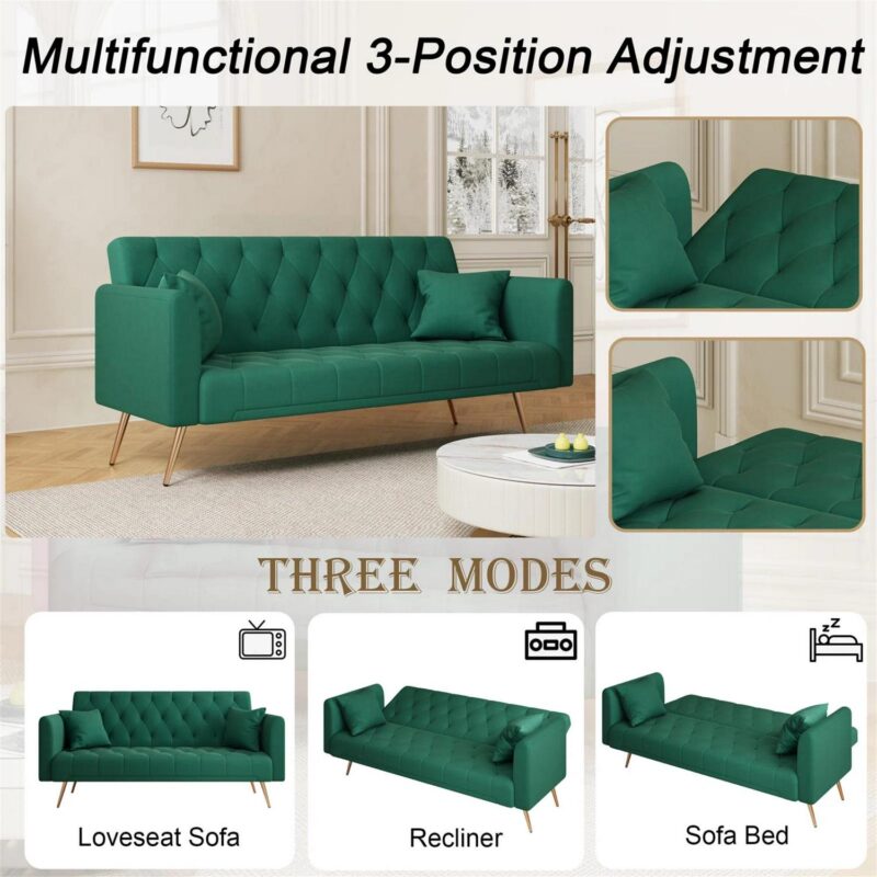 Aukfa Velvet Futon Convertible Sofa Bed, Upholstered Arm Couch for Home Office, 2 Pillows, Green - Image 2