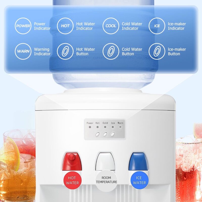 Auseo 5 Gallon Water Cooler Dispenser with Built-in Ice Maker, Top Loading Water Dispenser 3 in 1 Hot/Cold/Room Temperature, Child Lock, White - Image 5