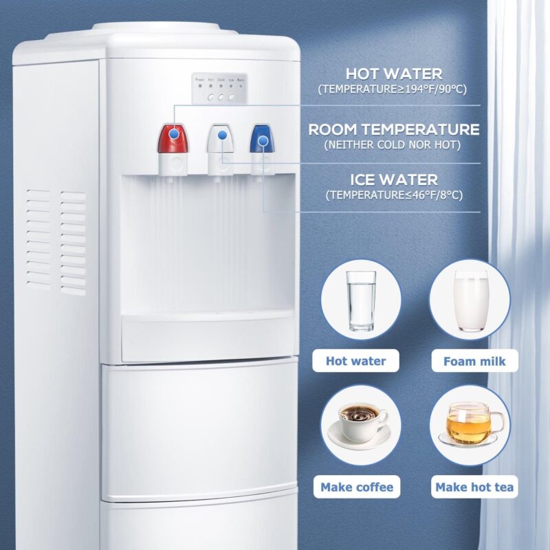 Auseo 5 Gallon Water Cooler Dispenser with Built-in Ice Maker, Top Loading Water Dispenser 3 in 1 Hot/Cold/Room Temperature, Child Lock, White - Image 2