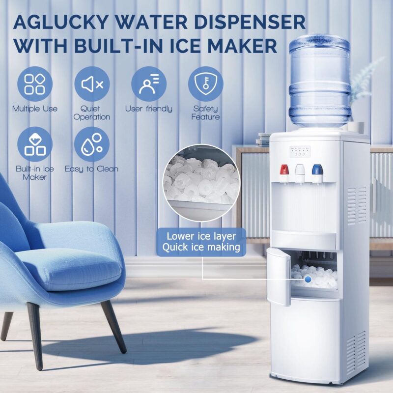 Auseo 5 Gallon Water Cooler Dispenser with Built-in Ice Maker, Top Loading Water Dispenser 3 in 1 Hot/Cold/Room Temperature, Child Lock, White - Image 3