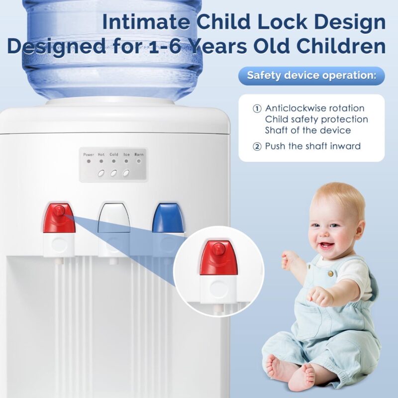 Auseo 5 Gallon Water Cooler Dispenser with Built-in Ice Maker, Top Loading Water Dispenser 3 in 1 Hot/Cold/Room Temperature, Child Lock, White - Image 6