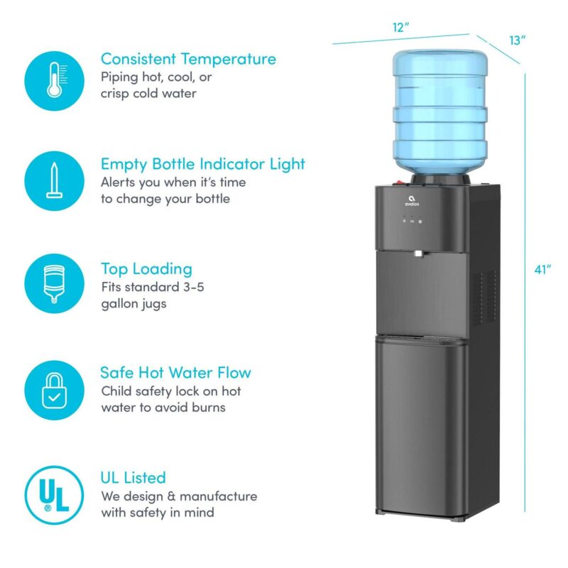 Avalon Top Loading Water Cooler Dispenser - 3 Temperature, Child Safety Lock, Innovative Design, UL Listed- Black Stainless Steel - Image 4