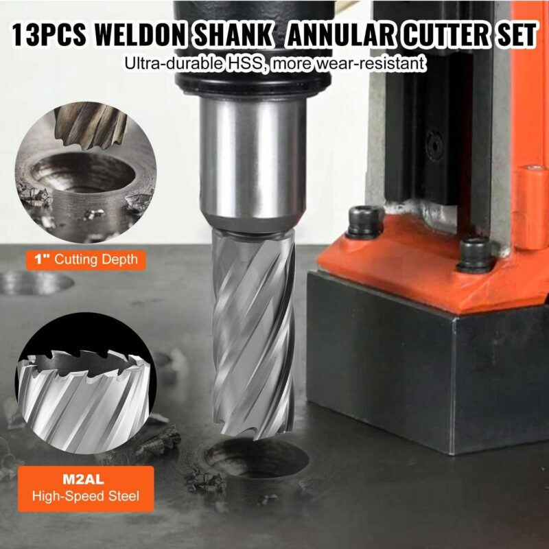 BENTISM Annular Cutter Set 13 Pcs, Weldon Shank Mag Drill Bits, Cutting Depth 1 , 7/16  to 1-1/16  Cutting Diameter, M2AL HSS Magnetic Drill Press Bits with 2 Pilot Pin and Hex Wrench - Image 2