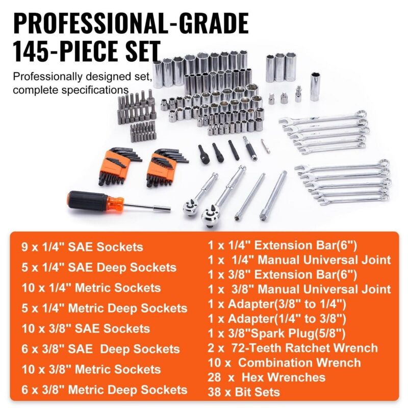 BENTISM Mechanics Tool Set and Socket Set, 1/4  and 3/8  Drive Deep and Standard Sockets, 145 Piece SAE and Metric Mechanic Tool Kit with Bits, Combination Wrench, Hex Wrenches, Accessories - Image 6
