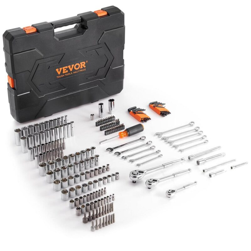 BENTISM Mechanics Tool Set and Socket Set, 1/4  and 3/8  Drive Deep and Standard Sockets, 205 Piece SAE and Metric Mechanic Tool Kit with Bits, Combination Wrench, Hex Wrenches, Accessories