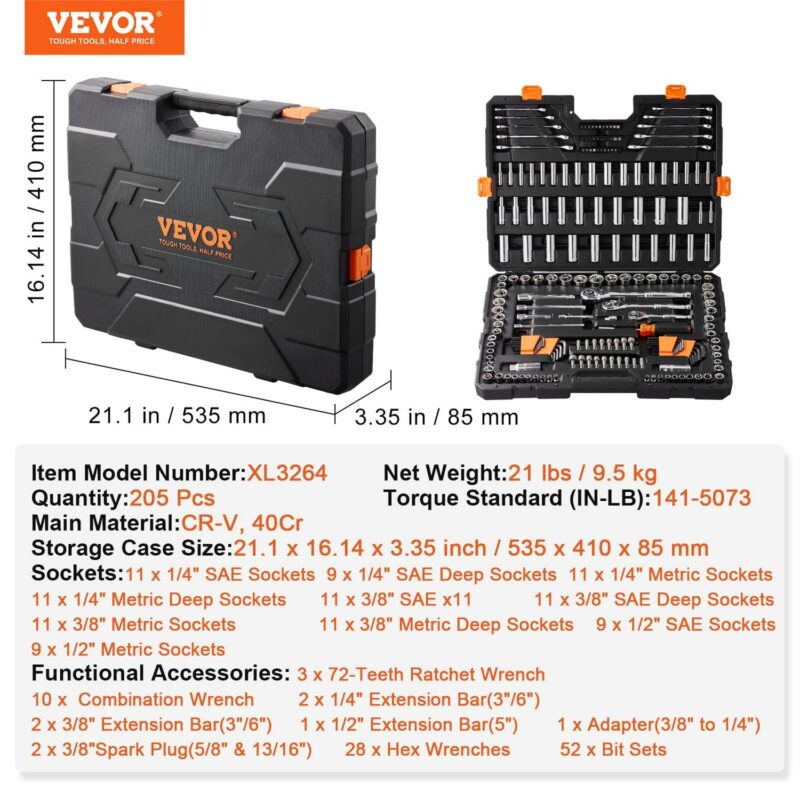 BENTISM Mechanics Tool Set and Socket Set, 1/4  and 3/8  Drive Deep and Standard Sockets, 205 Piece SAE and Metric Mechanic Tool Kit with Bits, Combination Wrench, Hex Wrenches, Accessories - Image 2