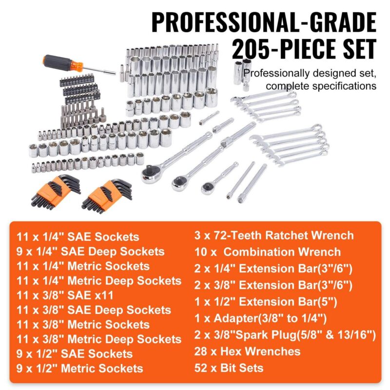 BENTISM Mechanics Tool Set and Socket Set, 1/4  and 3/8  Drive Deep and Standard Sockets, 205 Piece SAE and Metric Mechanic Tool Kit with Bits, Combination Wrench, Hex Wrenches, Accessories - Image 9