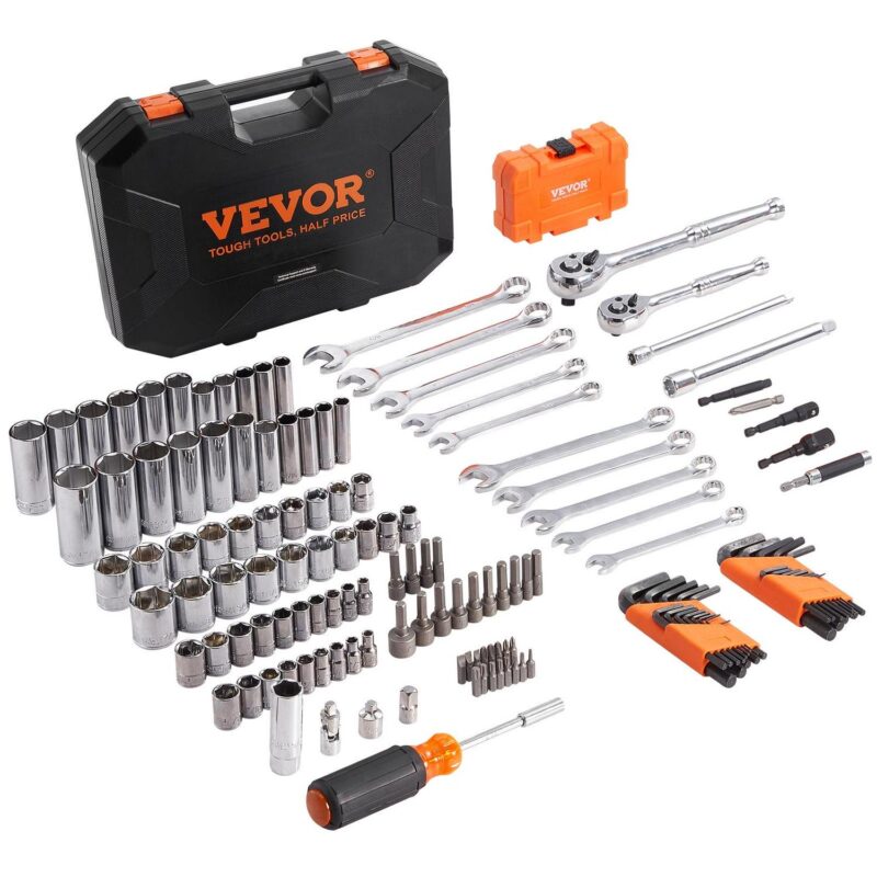 BENTISM Mechanics Tool Set and Socket Set, 1/4  and 3/8  Drive Deep and Standard Sockets, 145 Piece SAE and Metric Mechanic Tool Kit with Bits, Combination Wrench, Hex Wrenches, Accessories