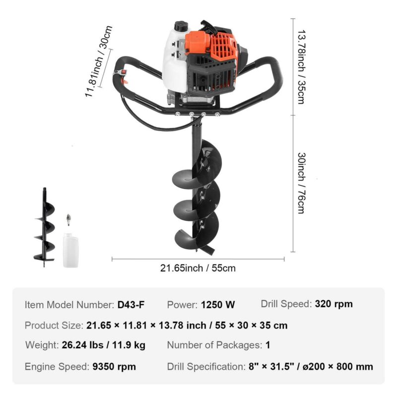 BENTISM Post Hole Digger 43cc Gas Powered Earth Digger with 8  Auger Drill Bit - Image 7