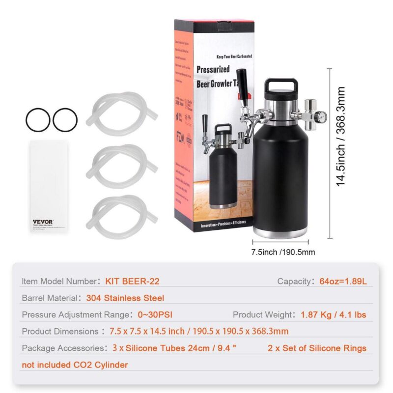 BENTISM Pressurized Growler Mini Beer Keg Draft Beer Growler with Pressure Display Double CO2 Regulator Faucet Home Kegging 64Oz/1.89L - Image 9